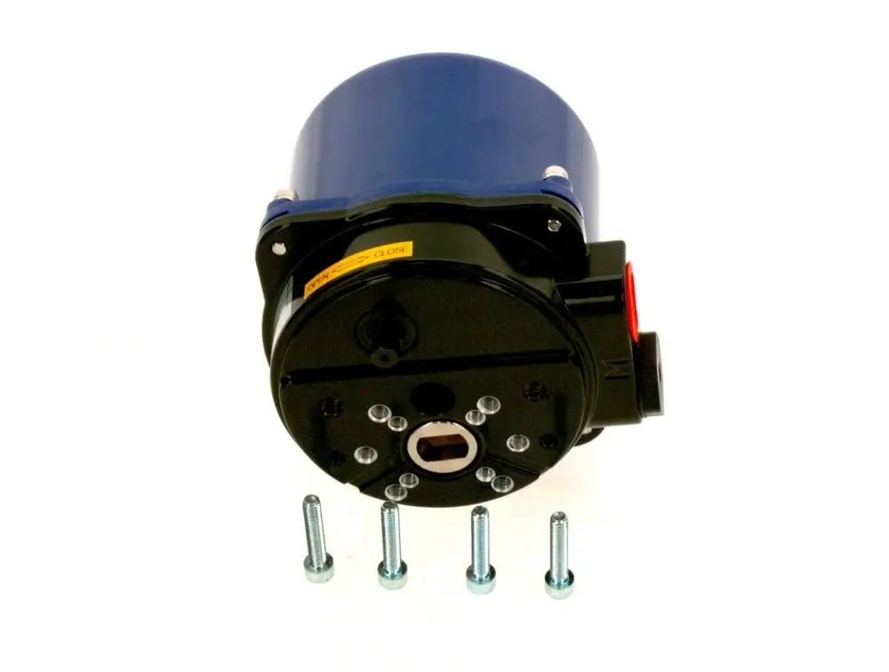 Bosch Stellmotor mit blauer Oberseite und schwarzem Gehäuse, vier Schrauben darunter, mehrere Anschlussmöglichkeiten und Markierungen für die Funktion.